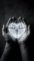 Hands of a man cradling glowing geometric wireframe sphere against dark textured background, symbolizing innovation, technology, and digital transformation for business concepts.