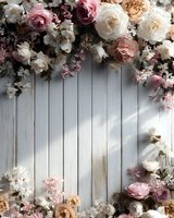 Romantic floral frame with pink and white roses on rustic white wooden background, perfect for wedding invitations or feminine designs.