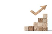 Wooden blocks arranged as ascending stairs with upward arrow, symbolizing growth, success and business progress on white background, isolated financial concept.