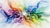 Abstract watercolor explosion with vibrant rainbow colors flowing in organic shapes. Modern art background for creative projects and designs.