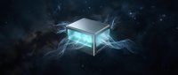 Glowing cube with electric energy waves on dark background, representing technology, innovation, and digital power for futuristic design projects.