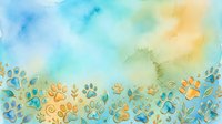 Watercolor paw prints in blue and gold tones border a soft, dreamy sky gradient background. Isolated design element suitable for pet-related projects, greeting cards, and children's artwork.