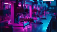Microscope in modern laboratory illuminated by vibrant neon purple and blue lights creating futuristic scientific atmosphere with blurred background for research concepts.