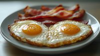 Sunny side up eggs with crispy bacon strips served on white plate, close-up view showing rich yolks and perfectly cooked whites for breakfast or brunch menu.