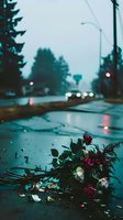 Discarded bouquet of roses lying on wet asphalt during rainy twilight, with blurred car headlights and street lamps creating moody atmospheric reflections on dark road.