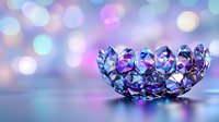 Crystal bowl with colorful gemstones reflecting rainbow light against soft bokeh background for luxury jewelry and decorative home accessories.