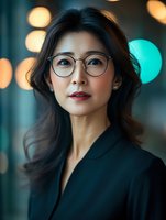 Asian businesswoman wearing glasses and black blazer with confident expression against blurred bokeh background, professional corporate headshot portrait.
