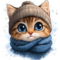 Adorable brown cat wearing gray knit beanie and blue scarf, with big blue eyes and expressive face against white background, winter themed illustration.