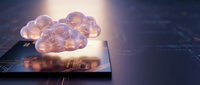 Glowing cloud computing concept with illuminated data storage on microchip circuit board, representing digital infrastructure and network technology solutions.