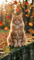 Long-haired brown tabby cat sitting on moss-covered stone wall surrounded by falling autumn leaves in warm golden light. Perfect for seasonal marketing and pet-related projects.