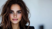Young Mediterranean woman with natural makeup and wavy brown hair smiling at camera against light background, professional headshot style portrait.