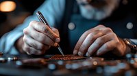 Professional barista carefully examining and sorting freshly roasted coffee beans on dark surface, close-up view of hands working with precision and expertise.