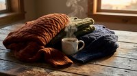 Cozy autumn flat lay with warm knitted sweaters, steaming mug and wooden table near window for seasonal lifestyle and home decor projects.