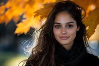 Young woman with long dark hair and natural makeup wearing black scarf smiling at camera against blurred autumn background with golden maple leaves and soft bokeh effect.
