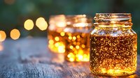 Glowing mason jars with fairy lights creating magical bokeh effect on rustic wooden surface, warm ambient evening atmosphere for wedding or garden party decoration.