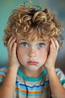 Young child with bright blue eyes, blonde curly hair and freckles holding head in hands showing worried expression against turquoise background.