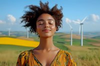 Young African American woman with natural curly hair and yellow dress smiling peacefully against wind turbine farm background with rolling hills and sustainable energy concept.