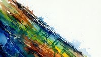 Abstract colorful paint strokes with blue, green, yellow and orange hues creating dynamic artistic composition on white background for creative projects.