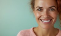 Close up portrait of smiling woman with bright white teeth wearing pink sweater against mint green background, expressing joy and confidence in natural lighting.