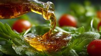 Golden olive oil pouring from glass bottle into wooden spoon over fresh salad with cherry tomatoes and green leaves for healthy cooking and nutrition.