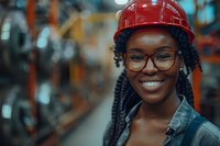 Confident African American female engineer wearing safety helmet and glasses smiles at industrial workplace, representing diversity and women in STEM careers and manufacturing industry.