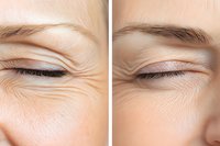 Close-up comparison of aging skin around eyes showing wrinkles and fine lines before and after cosmetic treatment, demonstrating anti-aging results on caucasian skin.