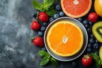 Fresh citrus fruits and berries arranged on dark stone surface with mint leaves for healthy eating and nutrition concepts.