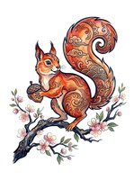 Ornate squirrel with decorative swirling patterns on fur and tail, perched on flowering branch with pink blossoms, isolated on white background for design use.