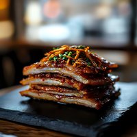 Glazed pork belly slices stacked in layers on black stone plate, garnished with green onions and crispy vegetables, dramatic restaurant lighting.