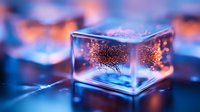 Glowing particles trapped in transparent cube emit magical orange light against blue background, creating ethereal atmospheric effect for creative design projects.