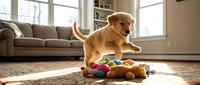 Golden retriever playing with colorful toys on living room floor near sofa. Bright sunlit interior with windows. Use for pet care, dog training, animal behavior, family lifestyle content.