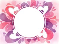 Romantic pink and purple floral frame with hearts and decorative swirls surrounding white circular space for text or design elements.