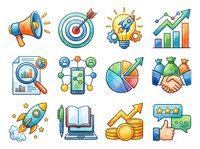 Marketing and business strategy icons set featuring megaphone, target, lightbulb, growth chart, analytics, network, pie chart, partnership, rocket, education, success coins and customer feedback for promotional campaigns.