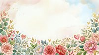 Watercolor floral border with roses, peonies, and botanical leaves in soft pink, coral, and green tones on white background for wedding invitations and greeting cards.