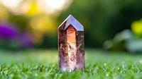 Smoky quartz crystal point standing in grass with natural bokeh background, showcasing mystical healing properties and spiritual energy for wellness practices.