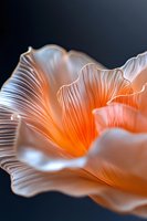 Delicate coral-colored mushroom gills in extreme macro photography against dark background, showcasing intricate natural patterns and translucent organic textures.
