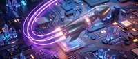 Futuristic rocket launching from circuit board with neon purple glow, symbolizing innovation, technology advancement, and digital transformation for startups and tech companies.