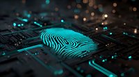 Glowing cyan fingerprint on digital circuit board with bokeh light effects in dark background, representing biometric security technology.
