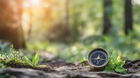Vintage compass on forest ground with sunlight filtering through trees, symbolizing exploration and outdoor adventure.