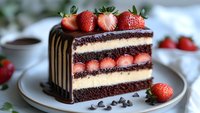 Layered chocolate cake slice with fresh strawberries, vanilla cream filling, and dark chocolate ganache drips on white plate, styled with coffee cup and berries.