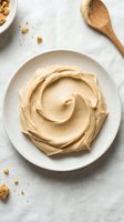 Creamy peanut butter swirl in white ceramic bowl on linen surface with wooden spoon and crumbs, overhead flat lay for food styling and recipe content.