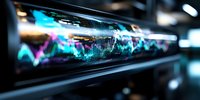 Glowing financial chart data displayed on curved digital screen with neon blue and pink market analysis graphs in dark trading environment.
