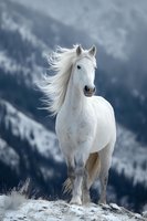Majestic white horse with flowing mane running through snowy mountain landscape in winter. Wild stallion galloping against dramatic alpine backdrop for equestrian themes.