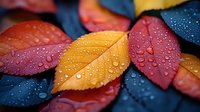 Vibrant autumn leaves with water droplets in red, orange and blue tones create dramatic natural composition with morning dew on dark background.