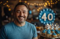 Middle-aged Caucasian man with gray beard wearing blue t-shirt smiling at birthday party with cupcakes and number 40 balloon decoration in warm ambient lighting.