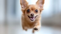 Happy fawn Chihuahua puppy running and jumping towards camera with excited expression, paw extended forward against soft blurred background.
