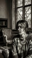 Young Caucasian man in sweater sitting thoughtfully in vintage library room with dramatic window light creating moody black and white portrait atmosphere.