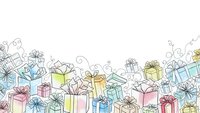 Colorful gift boxes with ribbons and bows arranged in decorative border pattern on white background for holiday celebrations and special occasions.