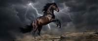 Powerful brown stallion rearing dramatically against stormy sky with lightning bolts illuminating dark clouds in epic equestrian scene for fantasy artwork.