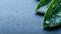 Fresh green leaves with water droplets on blue surface creating natural spa and wellness atmosphere for organic skincare products.